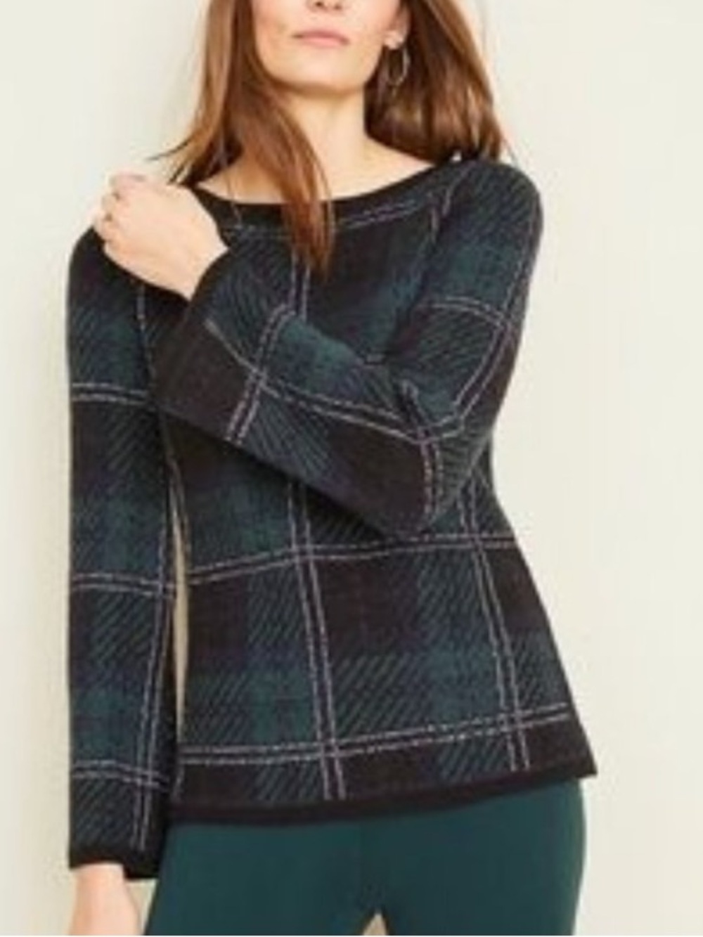 Ann Taylor Green Shimmer Plaid Petite Sweater